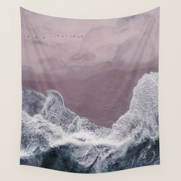 Minimal Aerial Beach -  Purple Sand -Ocean - Sea - travel photography  Wall Tapestry Gallery Image 1
