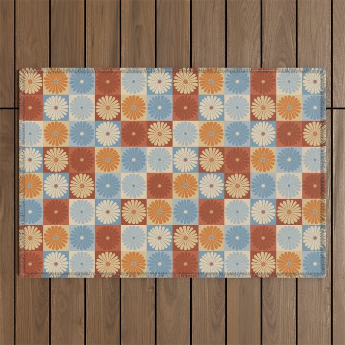 Retro Flowers Check Pattern XVIII Outdoor Rug Gallery Image 1