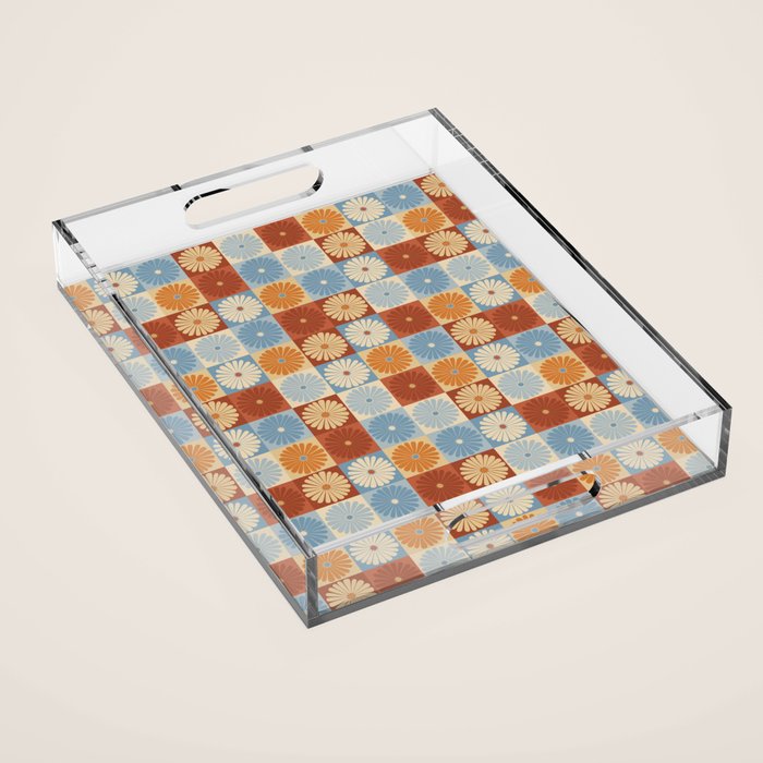 Retro Flowers Check Pattern XVIII Acrylic Tray Gallery Image 1