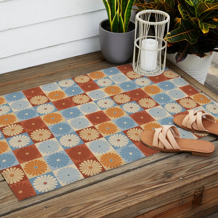 Retro Flowers Check Pattern XVIII Outdoor Rug Gallery Image 2