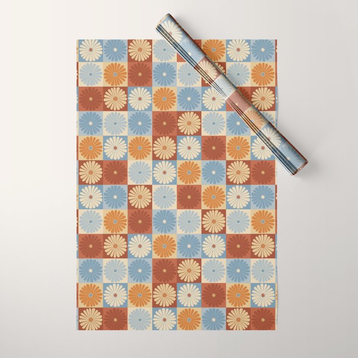 Retro Flowers Check Pattern XVIII Wrapping Paper Gallery Image 1