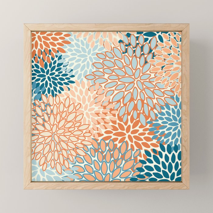Festive, Floral Prints, Blooms, Orange, Teal Mini Art Print Gallery Image 1