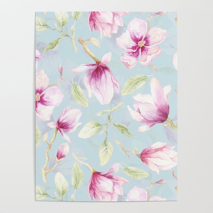 Hygge Hand Painted Watercolor Magnolia Blossoms Poster Gallery Image 4