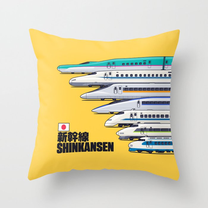 Shinkansen Bullet Train Evolution - Yellow Throw Pillow Gallery Image 1