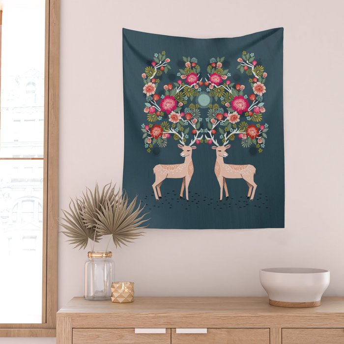 Deer with Flowers by Andrea Lauren  Wall Tapestry Gallery Image 2