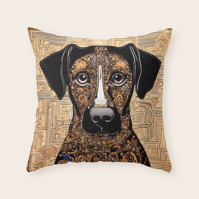 Black and Gold Klimt Dog with Geometric Pattern Throw Pillow Gallery Image 1