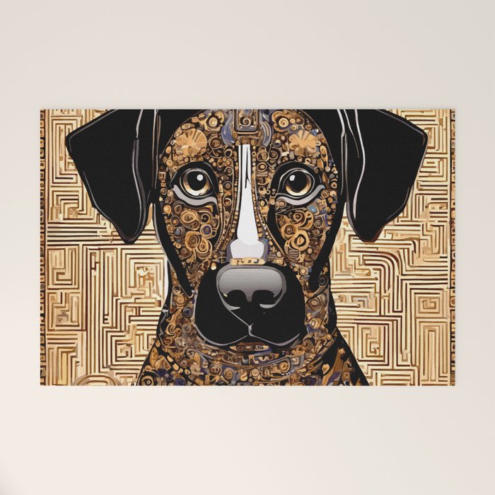 Black and Gold Klimt Dog with Geometric Pattern Welcome Mat Gallery Image 1