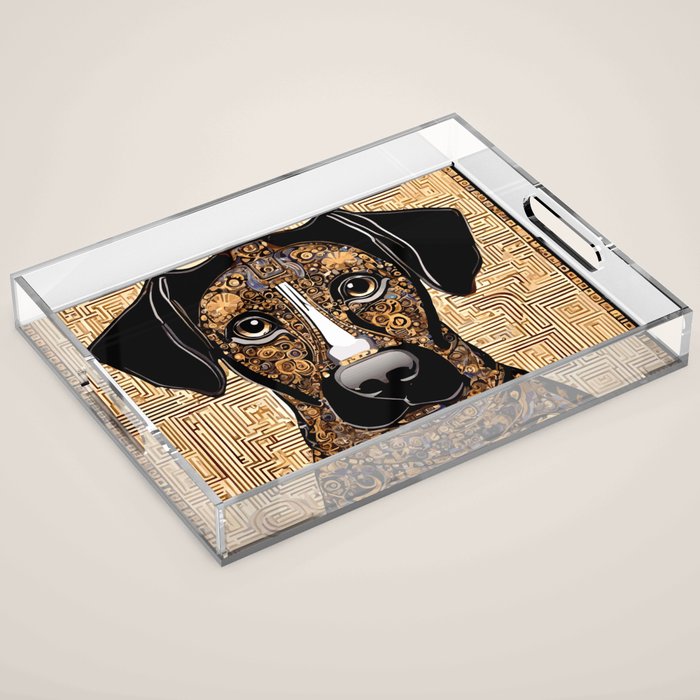 Black and Gold Klimt Dog with Geometric Pattern Acrylic Tray Gallery Image 1