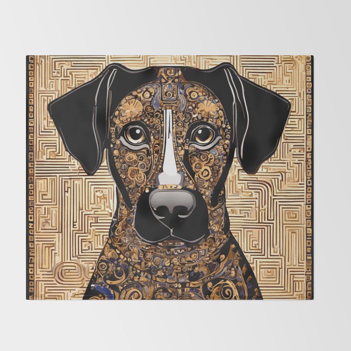 Black and Gold Klimt Dog with Geometric Pattern Throw Blanket Gallery Image 2