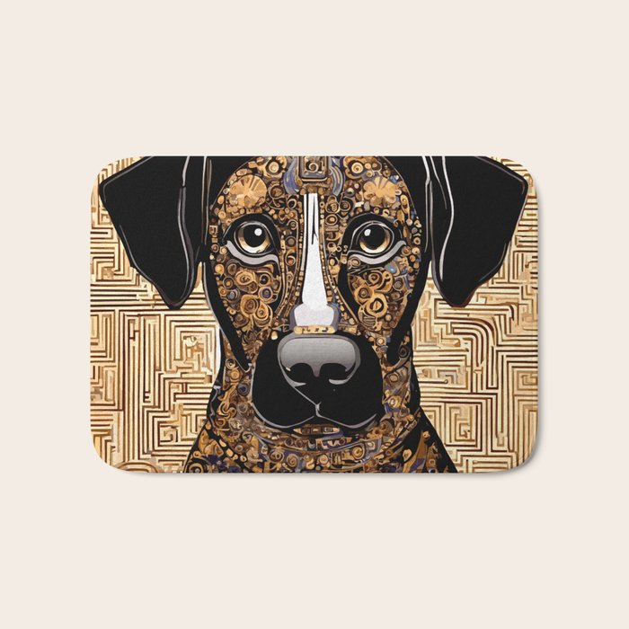 Black and Gold Klimt Dog with Geometric Pattern Bath Mat Gallery Image 1