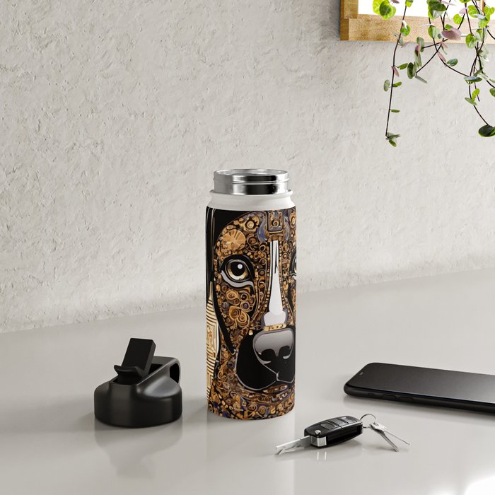 Black and Gold Klimt Dog with Geometric Pattern Water Bottle Gallery Image 4