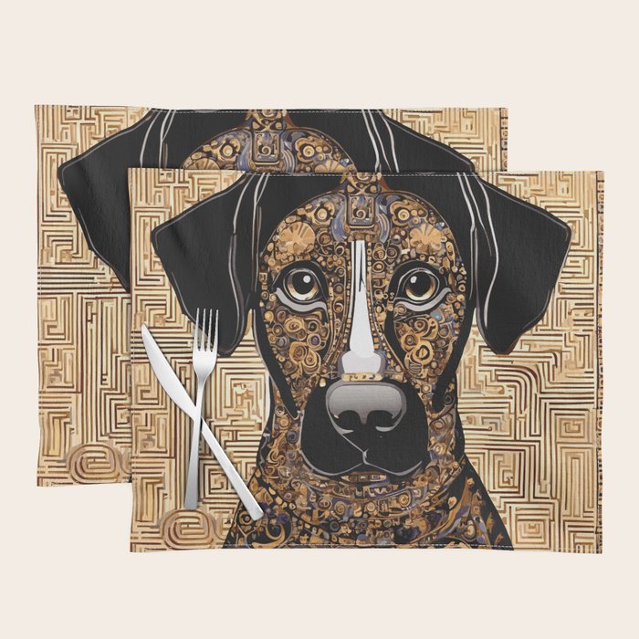 Black and Gold Klimt Dog with Geometric Pattern Placemat Gallery Image 1