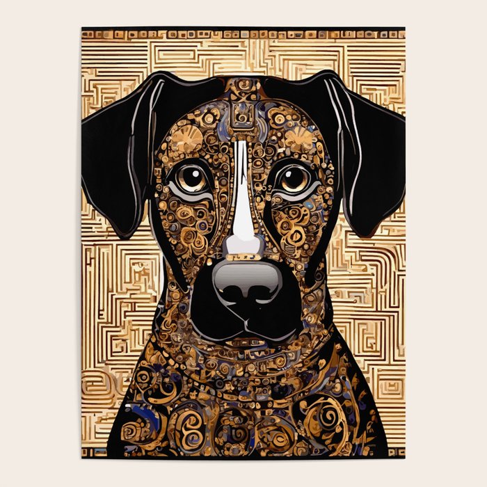 Black and Gold Klimt Dog with Geometric Pattern Poster Gallery Image 1