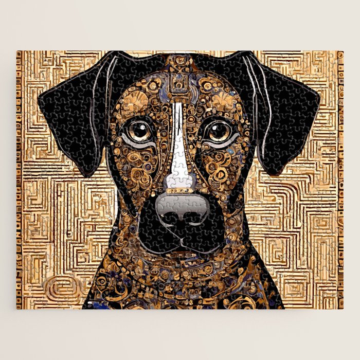 Black and Gold Klimt Dog with Geometric Pattern Jigsaw Puzzle Gallery Image 1