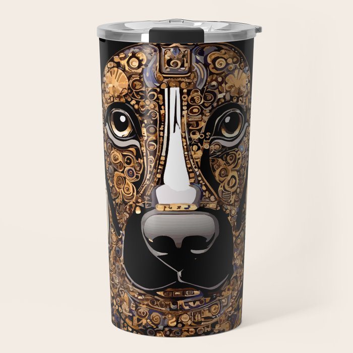 Black and Gold Klimt Dog with Geometric Pattern Travel Mug Gallery Image 1
