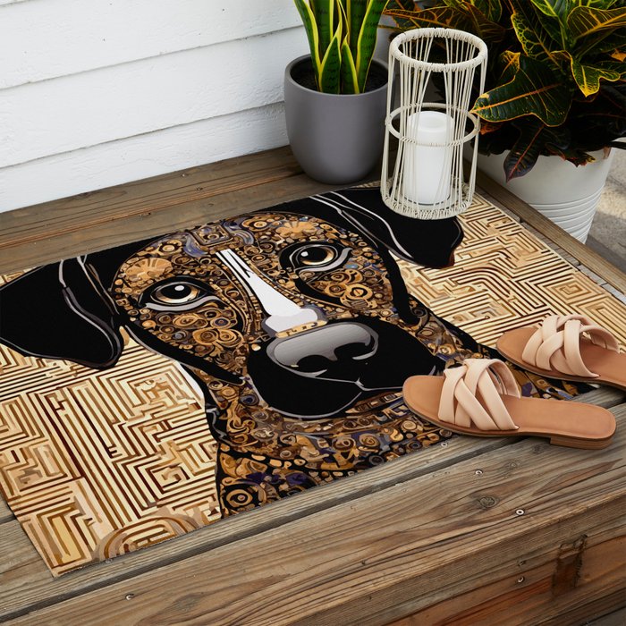 Black and Gold Klimt Dog with Geometric Pattern Outdoor Rug Gallery Image 2