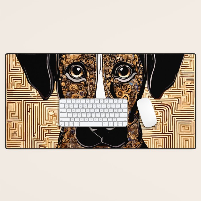 Black and Gold Klimt Dog with Geometric Pattern Desk Mat Gallery Image 1