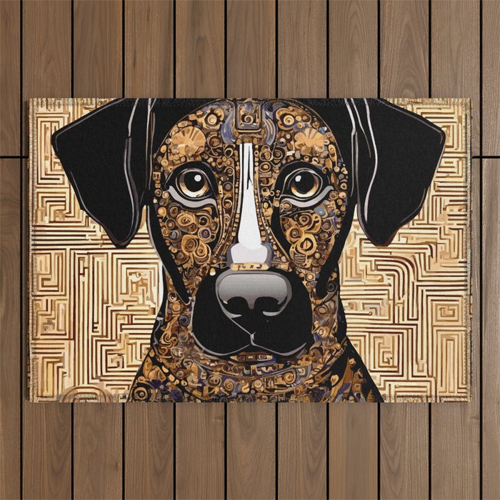 Black and Gold Klimt Dog with Geometric Pattern Outdoor Rug Gallery Image 1