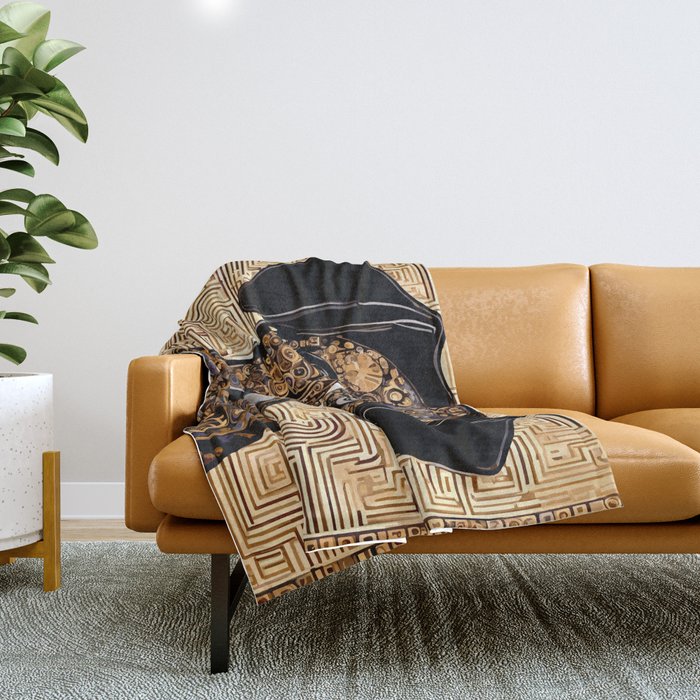 Black and Gold Klimt Dog with Geometric Pattern Throw Blanket Gallery Image 1