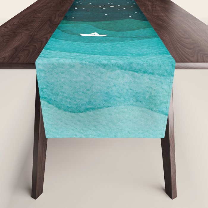 Starry Ocean, teal sailboat watercolor sea waves night Table Runner Gallery Image 1