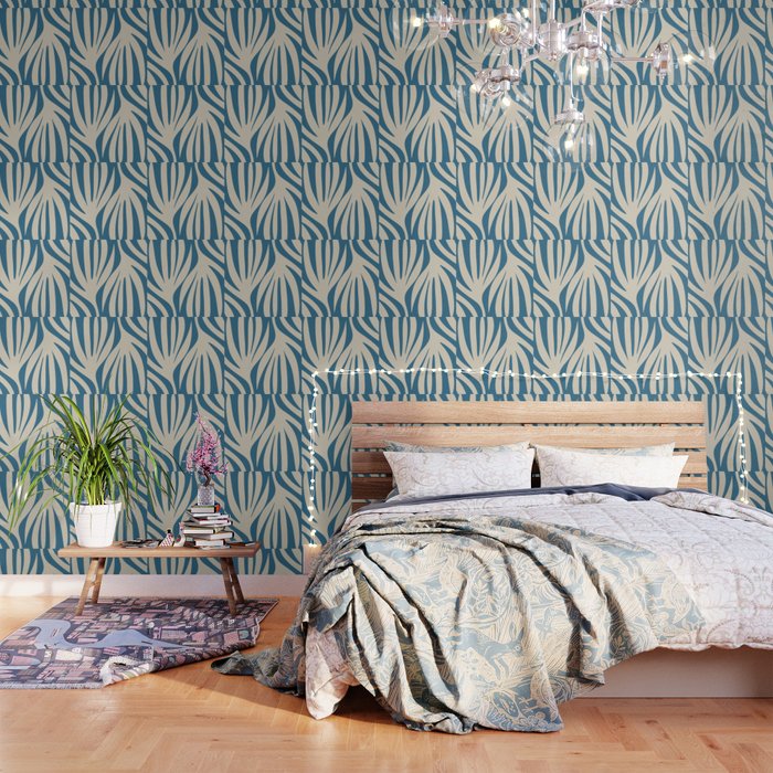 Maldives Leaves Abstract Pattern in Boho Blue and Beige Wallpaper Gallery Image 1