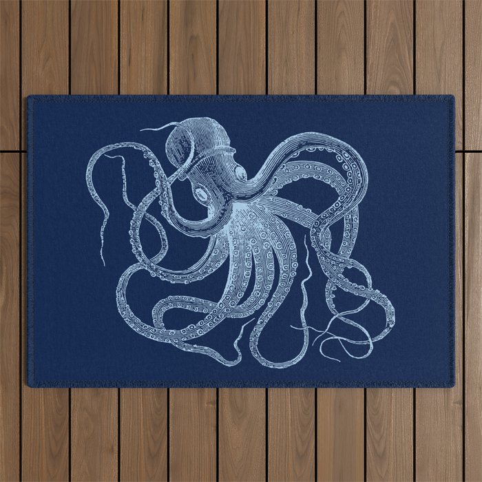 Light-blue octopus on dark blue Outdoor Rug Gallery Image 1