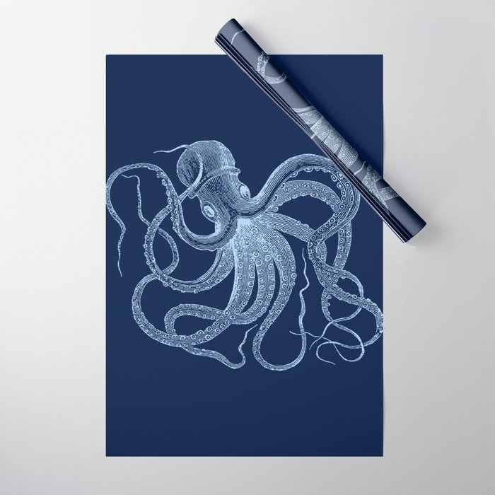 Light-blue octopus on dark blue Wrapping Paper Gallery Image 1