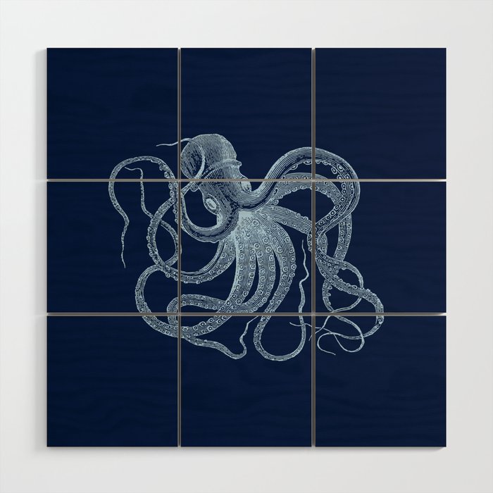 Light-blue octopus on dark blue Wood Wall Art Gallery Image 1