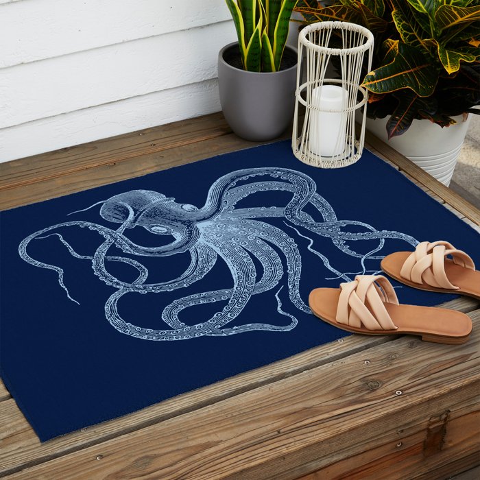 Light-blue octopus on dark blue Outdoor Rug Gallery Image 2