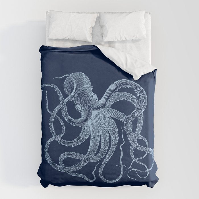 Light-blue octopus on dark blue Duvet Cover Gallery Image 1