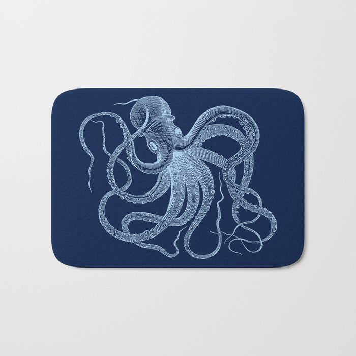 Light-blue octopus on dark blue Bath Mat Gallery Image 1