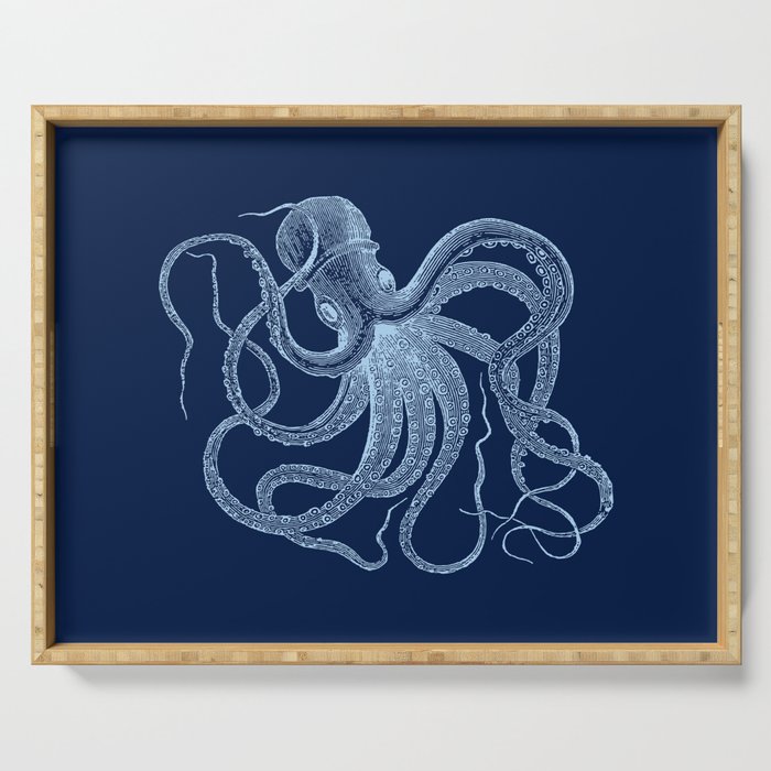 Light-blue octopus on dark blue Serving Tray Gallery Image 1