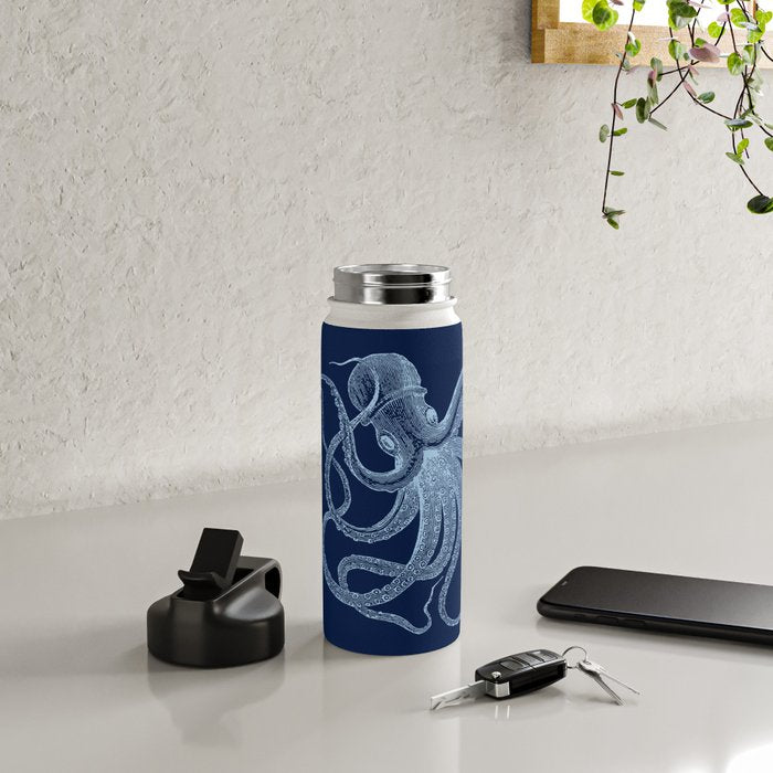 Light-blue octopus on dark blue Water Bottle Gallery Image 4