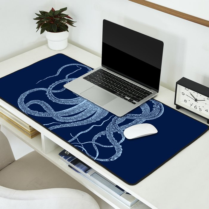 Light-blue octopus on dark blue Desk Mat Gallery Image 2