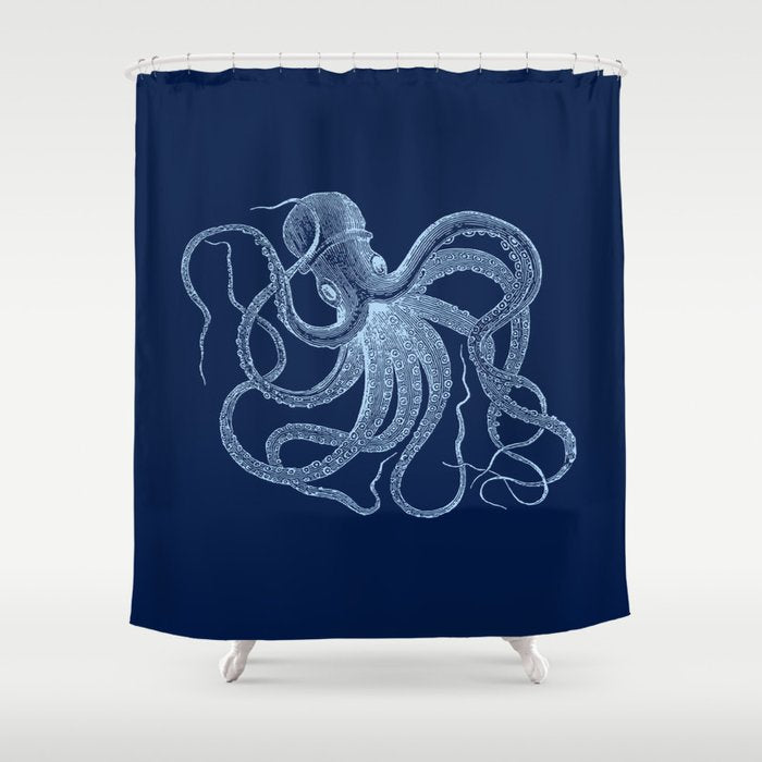 Light-blue octopus on dark blue Shower Curtain Gallery Image 1