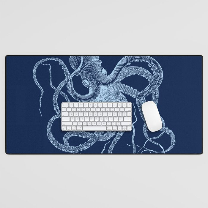 Light-blue octopus on dark blue Desk Mat Gallery Image 1