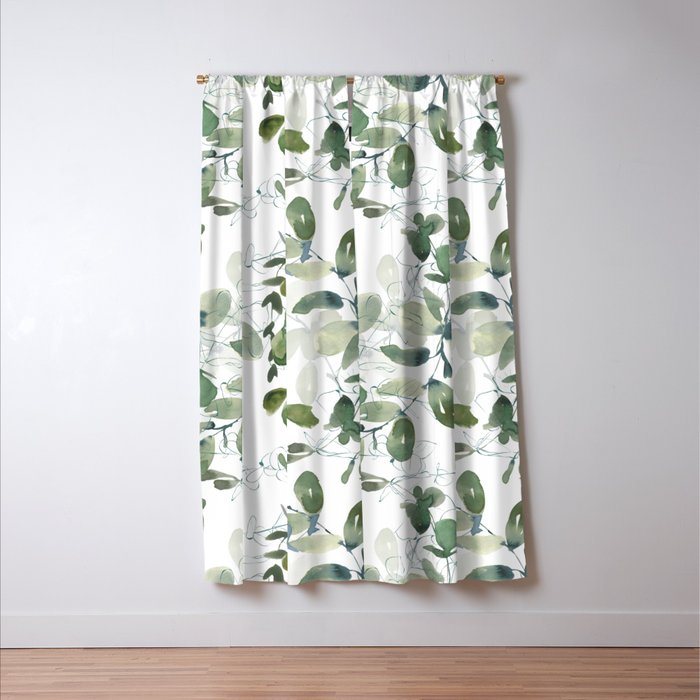 Festive, Watercolor, Leaves Print, White and Green Window Curtain Gallery Image 3