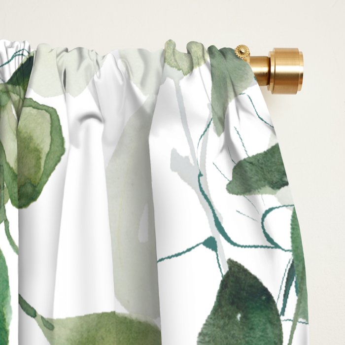 Festive, Watercolor, Leaves Print, White and Green Window Curtain Gallery Image 2