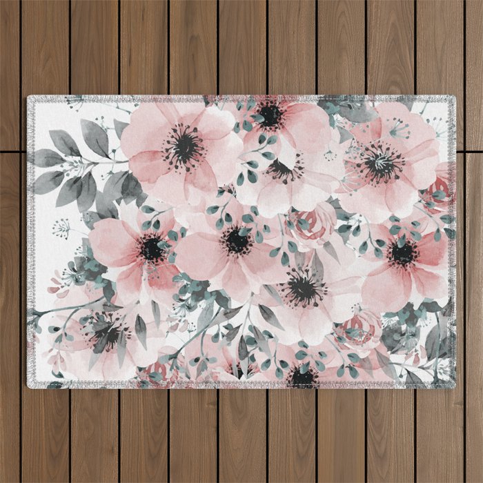 Flower Watercolor, Blush Pink and Gray, Floral Prints Outdoor Rug Gallery Image 1