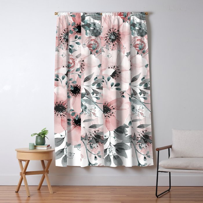 Flower Watercolor, Blush Pink and Gray, Floral Prints Window Curtain Gallery Image 5