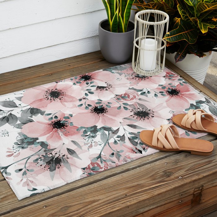 Flower Watercolor, Blush Pink and Gray, Floral Prints Outdoor Rug Gallery Image 2