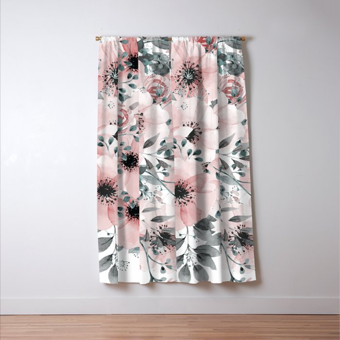 Flower Watercolor, Blush Pink and Gray, Floral Prints Window Curtain Gallery Image 3