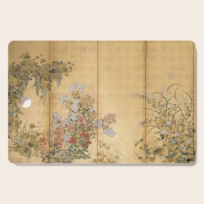 Japanese Edo Period Six-Panel Gold Leaf Screen - Spring and Autumn Flowers Cutting Board Gallery Image 1