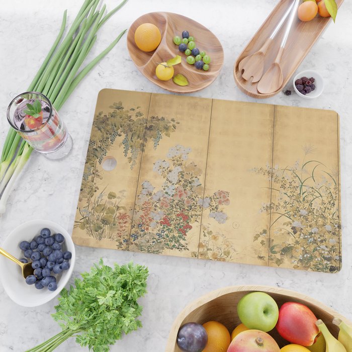 Japanese Edo Period Six-Panel Gold Leaf Screen - Spring and Autumn Flowers Cutting Board Gallery Image 2