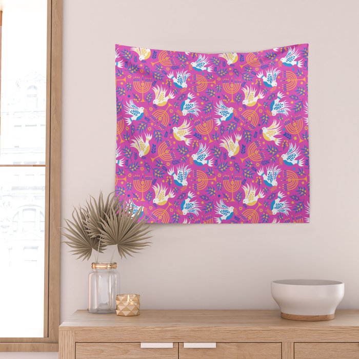 Hanukkah Pink Pattern Wall Tapestry Gallery Image 2