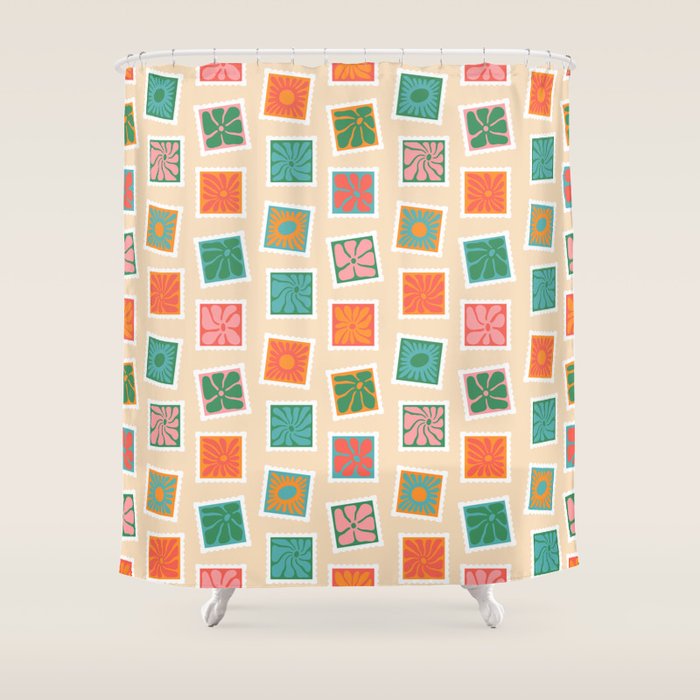 Vintage flower postage stamp pattern Shower Curtain Gallery Image 1