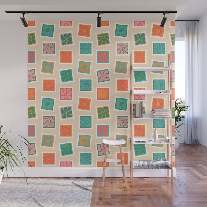 Vintage flower postage stamp pattern Wall Mural Gallery Image 1