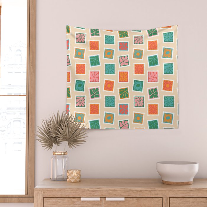 Vintage flower postage stamp pattern Wall Tapestry Gallery Image 2