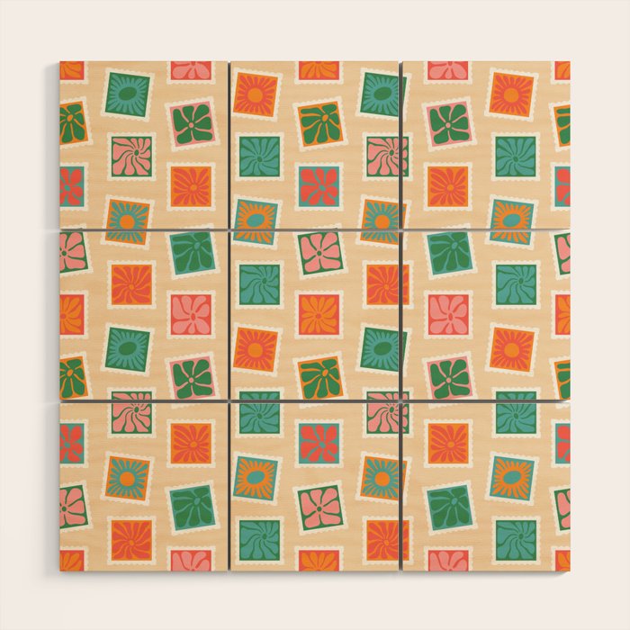 Vintage flower postage stamp pattern Wood Wall Art Gallery Image 1