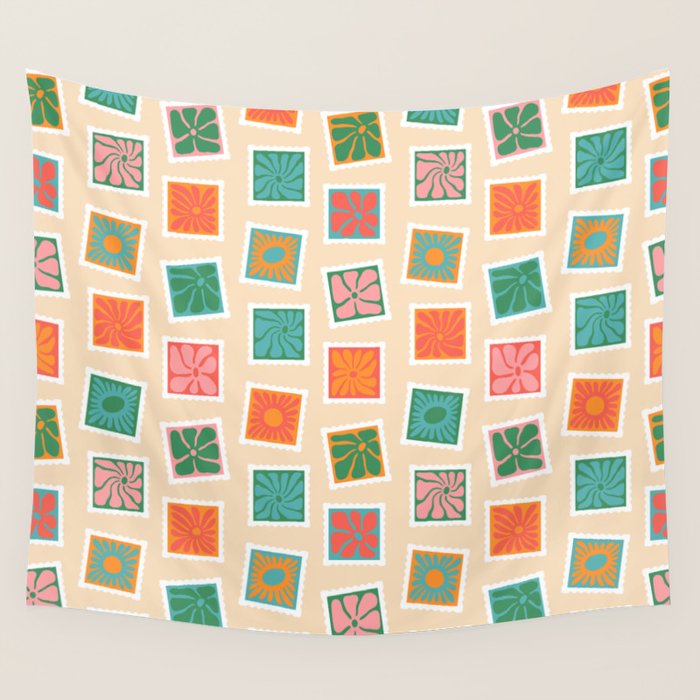 Vintage flower postage stamp pattern Wall Tapestry Gallery Image 4